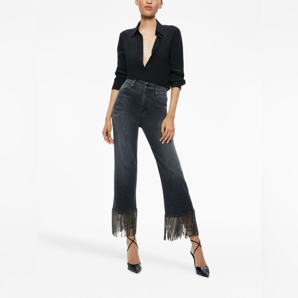 Alice + Olivia Amazing Crystal Fringe Hem Jean Size 26 Nwt.